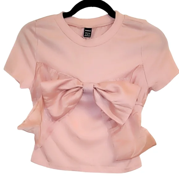 Shein Ribbed Crop Tee with Oversized Bow, medium/6, NWT - Picture 5 of 7